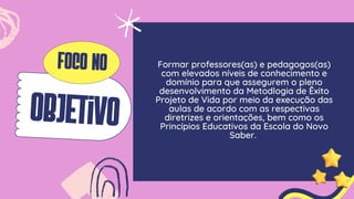 objetivo
foco no Formar professores(as) e pedagogos(as)
com elevados níveis de conhecimento e
domínio para que assegurem o pleno
desenvolvimento da Metodlogia de Êxito
Projeto de Vida por meio da execução das
aulas de acordo com as respectivas
diretrizes e orientações, bem como os
Princípios Educativos da Escola do Novo
Saber.
 