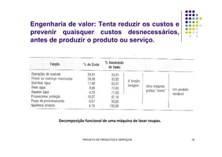 Engenharia de valor: Tenta reduzir os custos e
prevenir quaisquer custos desnecessários,
antes de produzir o produto ou serviço.
PROJETO DE PRODUTOS E SERVIÇOS 18
Decomposição funcional de uma máquina de lavar roupas.
 