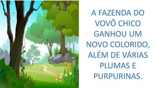 A FAZENDA DO
VOVÔ CHICO
GANHOU UM
NOVO COLORIDO,
ALÉM DE VÁRIAS
PLUMAS E
PURPURINAS.