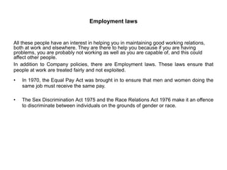 Employment laws
All these people have an interest in helping you in maintaining good working relations,
both at work and elsewhere. They are there to help you because if you are having
problems, you are probably not working as well as you are capable of, and this could
affect other people.
In addition to Company policies, there are Employment laws. These laws ensure that
people at work are treated fairly and not exploited.
• In 1970, the Equal Pay Act was brought in to ensure that men and women doing the
same job must receive the same pay.
• The Sex Discrimination Act 1975 and the Race Relations Act 1976 make it an offence
to discriminate between individuals on the grounds of gender or race.
 