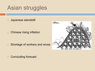 Asian struggles
 Japanese standstill
 Chinese rising inflation
 Shortage of workers and wives
 Concluding forecast
 
