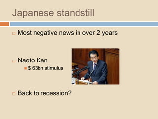Japanese standstill
 Most negative news in over 2 years
 Naoto Kan
 $ 63bn stimulus
 Back to recession?
 