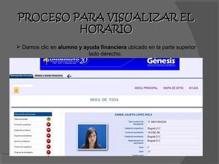 PROCESO PARA VISUALIZAR EL
         HORARIO
 Damos clic en alumno y ayuda financiera ubicado en la parte superior
                           lado derecho.



                  <
 