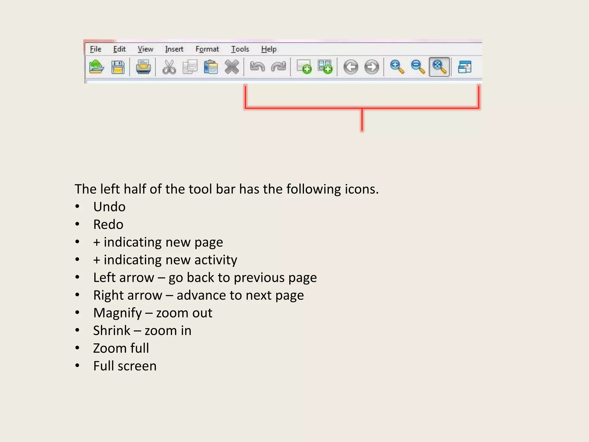 The left half of the tool bar has the following icons.
• Undo
• Redo
• + indicating new page
• + indicating new activity
• Left arrow – go back to previous page
• Right arrow – advance to next page
• Magnify – zoom out
• Shrink – zoom in
• Zoom full
• Full screen

 
