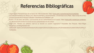 Referencias Bibliográficas
Organización Panamericana de la Salud (sf). Micronutrientes. https://www.paho.org/es/temas/micronutrientes
Escuela Universitaria de Oficios (s/f). Macronutrientes y micronutrientes. Universidad de la Plata. https://unlp.edu.ar/wp-
content/uploads/40/27440/ab7339bdf91726af506ed2a232965841.pdf
EUFIC (14 de enero del 2020). Las funciones de los carbohidratos en el cuerpo. https://www.eufic.org/es/que-contienen-
los-alimentos/articulo/las-funciones-de-los-carbohidratos-en-el-cuerpo/
Ikigai (s/f). Hidratos de carbono: cuál es su función en nuestro organismo? Hospitales San Roques. https://ikigai-
laspalmas.com/blog/hidratos-de-
carbono/#:~:text=Los%20carbohidratos%20cumplen%20cinco%20funciones,al%20metabolismo%20de%20los%20l%C3
%ADpidos.
 