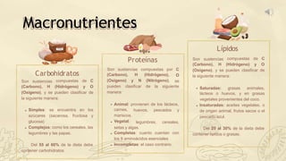 Lípidos
Saturadas: grasas animales,
lácteos o huevos, y en grasas
vegetales provenientes del coco.
Insaturadas: aceites vegetales, o
de origen animal, frutos secos o el
pescado azul.
Son sustencias compuestas de C
(Carbono), H (Hidrógeno) y O
(Oxígeno), y se pueden clasificar de
la siguiente manera:
Del 25 al 30% de la dieta debe
contener lípidos o grasas.
Proteínas
Animal: provienen de los lácteos,
carnes,
mariscos.
Vegetal:
huevos, pescados y
legumbres, cereales,
setas y algas.
Completas: cuanto cuentan con
los 9 aminoácidos esenciales
Incompletas: el caso contrario.
(Carbono), H
(Oxígeno) y N
(Hidrógeno),
(Nitrógeno),
Son sustancias compuestas por C
O
se
pueden clasificar de la siguiente
manera:
Macronutrientes
Carbohidratos
se encuentra en los
(sacarosa, fructosa y
Simples:
azúcares
glucosa)
Complejos: como los cereales, las
legumbres y las papas.
Son sustencias compuestas de C
(Carbono), H (Hidrógeno) y O
(Oxígeno), y se pueden clasificar de
la siguiente manera:
Del 55 al 60% de la dieta debe
contener carbohidratos
 