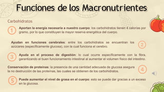 Funciones de los Macronutrientes
Carbohidratos
Aportan la energía necesaria a nuestro cuerpo: los carbohidratos tienen 4 calorías por
gramo, por lo que constituyen la mayor reserva energética del cuerpo.
Ayudan en funciones cerebrales: entre los carbohidratos se encuentran los
azúcares (específicamente glucosa), con la cual funciona el cerebro.
Ayuda en el proceso de digestión: lo cual ocurre específicamente con la fibra,
garantizando el buen funcionamiento intestinal al aumentar el volumen físico del intestino.
Conservación de proteínas: la presencia de una cantidad adecuada de glucosa asegura
la no destrucción de las proteínas, las cuales se obtienen de los carbohidratos.
Puede aumentar el nivel de grasa en el cuerpo: esto se puede dar gracias a un exceso
en la glucosa.
 