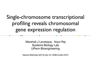 Single-chromosome transcriptional
               proﬁling reveals chromosomal
                gene expression regulation

                            Marshall J Levesque, Arjun Raj
                                Systems Biology Lab
                               UPenn Bioengineering

                         Nature Methods (2013) doi:10.1038/nmeth.2372




Thursday, April 11, 13
 