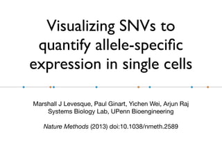 Visualizing SNVs to
quantify allele-speciﬁc
expression in single cells
Marshall J Levesque, Paul Ginart, Yichen Wei, Arjun Raj
Systems Biology Lab, UPenn Bioengineering
Nature Methods (2013) doi:10.1038/nmeth.2589
 