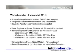INFOBROKER.DE


Werbebranche - Status (Juli 2011)
• Unternehmen geben wieder mehr Geld für Werbung aus
• Steigende Etats bei Online-Portalen und Social Media
• Deutsche Agenturen schneiden in Cannes gut ab

• Keine Euphorie aufgrund EU-Krise mit Blick auf Griechenland
• Befürchtung neuer Einbrüche wie zur Finanzkrise 2009
    - 2009 Minus von 2 Mrd. Euro
    - Werbemarkt Deutschland 2008 = 30,7 Mrd. Euro
    - Werbemarkt Deutschland 2009 = 28,8 Mrd. Euro

• Herausforderung Online (Social Media) - Personalbedarf
• Starke Ressourcen in den Agenturen bei klassischen Formaten
 