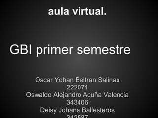 aula virtual.
GBI primer semestre
Oscar Yohan Beltran Salinas
222071
Oswaldo Alejandro Acuña Valencia
343406
Deisy Johana Ballesteros
 