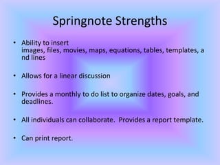 Springnote StrengthsAbility to insert images, files, movies, maps, equations, tables, templates, and linesAllows for a linear discussionProvides a monthly to do list to organize dates, goals, and deadlines.All individuals can collaborate.  Provides a report template. Can print report.