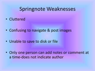 Springnote WeaknessesClutteredConfusing to navigate & post imagesUnable to save to disk or fileOnly one person can add notes or comment at a time-does not indicate author