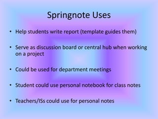 Springnote UsesHelp students write report (template guides them)Serve as discussion board or central hub when working on a projectCould be used for department meetingsStudent could use personal notebook for class notesTeachers/ISs could use for personal notes