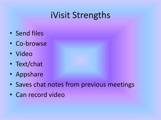 iVisit StrengthsSend filesCo-browseVideoText/chatAppshareSaves chat notes from previous meetingsCan record video