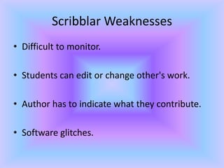 Scribblar WeaknessesDifficult to monitor. Students can edit or change other's work.Author has to indicate what they contribute.Software glitches.