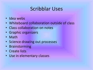 Scribblar UsesIdea webs Whiteboard collaboration outside of class Class collaboration on notesGraphic organizersMathScience drawing out processesBrainstormingCreate listsUse in elementary classes
