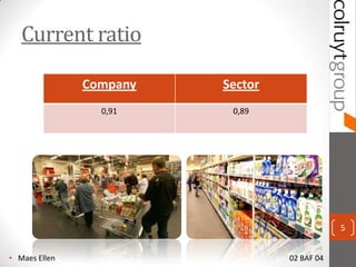 Current ratio

               Company   Sector
                 0,91     0,89




                                              5


? Maes Ellen                      02 BAF 04
 
