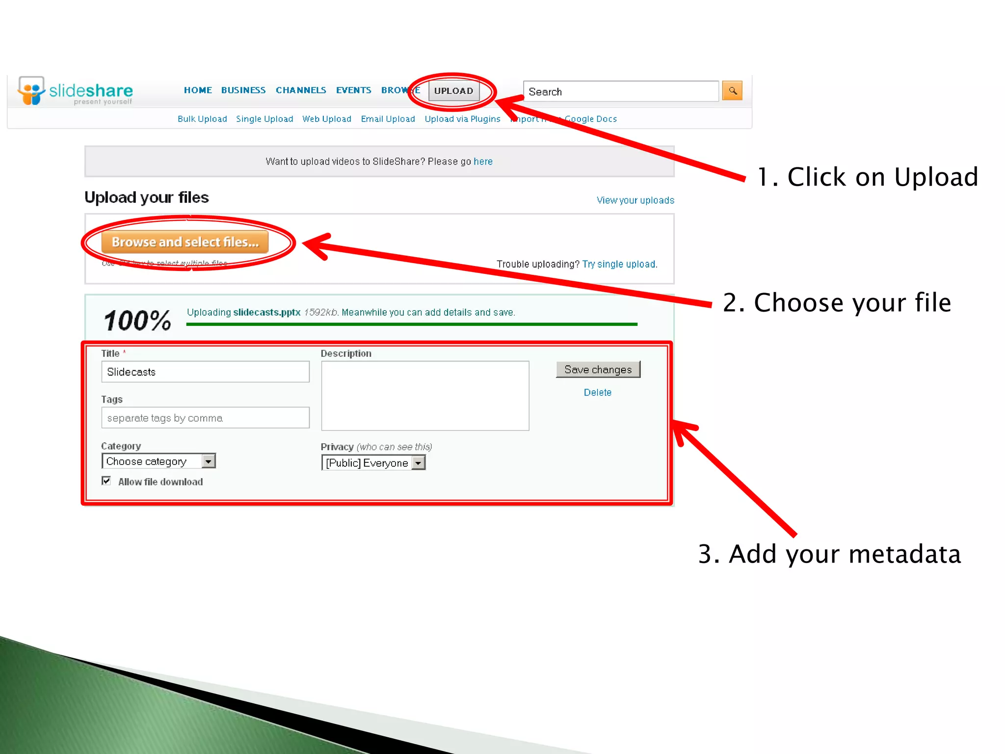 1. Click on Upload2. Choose your file3. Add your metadata