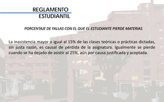REGLAMENTO
ESTUDIANTIL
PORCENTAJE DE FALLAS CON EL QUE EL ESTUDIANTE PIERDE MATERIAS
La inasistencia mayor o igual al 15% de las clases teóricas o prácticas dictadas,
sin justa razón, es causal de pérdida de la asignatura. Igualmente se pierde
cuando se ha dejado de asistir al 25%, aún por causa justificada y aceptada.
 
