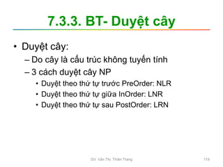 7.3.3. BT- Duyệt cây
• Duyệt cây:
– Do cây là cấu trúc không tuyến tính
– 3 cách duyệt cây NP
• Duyệt theo thứ tự trước PreOrder: NLR
• Duyệt theo thứ tự giữa InOrder: LNR
• Duyệt theo thứ tự sau PostOrder: LRN
GV. Văn Thị Thiên Trang 119
 