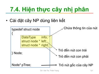 7.4. Hiện thực cây nhị phân
• Cài đặt cây NP dùng liên kết
typedef struct node
{
DataType info;
struct node * left;
struct node * right;
} Node;
Node* pTree; Trỏ nút gốc của cây NP
Chứa thông tin của nút
Trỏ đến nút con phải
Trỏ đến nút con trái
GV. Văn Thị Thiên Trang 121
 