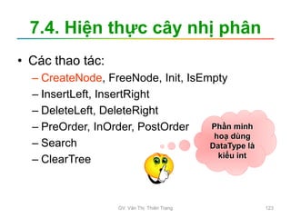 7.4. Hiện thực cây nhị phân
• Các thao tác:
– CreateNode, FreeNode, Init, IsEmpty
– InsertLeft, InsertRight
– DeleteLeft, DeleteRight
– PreOrder, InOrder, PostOrder
– Search
– ClearTree
Phần minh
hoạ dùng
DataType là
kiểu int
GV. Văn Thị Thiên Trang 123
 