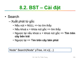 8.2. BST – Cài đặt
• Search
– Xuất phát từ gốc
• Nếu nút = NULL => ko tìm thấy
• Nếu khoá x = khóa nút gốc => tìm thấy
• Ngược lại nếu khoá x < khoá nút gốc => Tìm trên
cây bên trái
• Ngược lại => Tìm trên cây bên phải
Node* Search(Node* pTree, int x){…}
GV. Văn Thị Thiên Trang 129
 