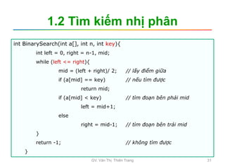 1.2 Tìm kiếm nhị phân
int BinarySearch(int a[], int n, int key){
int left = 0, right = n-1, mid;
while (left <= right){
mid = (left + right)/ 2; // lấy điểm giữa
if (a[mid] == key) // nếu tìm được
return mid;
if (a[mid] < key) // tìm đoạn bên phải mid
left = mid+1;
else
right = mid-1; // tìm đoạn bên trái mid
}
return -1; // không tìm được
}
GV. Văn Thị Thiên Trang 31
 