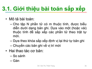 3.1. Giới thiệu bài toán sắp xếp
• Mô tả bài toán:
– Cho tập N phần tử có m thuộc tính, được biểu
diễn dưới dạng bản ghi. Dựa vào một (hoặc vài)
thuộc tính để sắp xếp các phần tử theo trật tự
mới.
– Dựa theo khóa sắp xếp định vị lại thứ tự bản ghi
– Chuyển các bản ghi về vị trí mới
• Hai thao tác cơ bản:
– So sánh
– Gán
GV. Văn Thị Thiên Trang 35
 