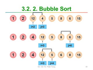 3.2. 2. Bubble Sort
1
i=2
2 12 4 5 8 6 15
j=3
1
i=3
2 4 12 5 8 6 15
j=6
1
i=3
2 4 12 5 6 8 15
j=4
GV. Văn Thị Thiên Trang 44
 