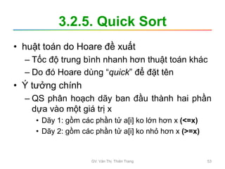 3.2.5. Quick Sort
• huật toán do Hoare đề xuất
– Tốc độ trung bình nhanh hơn thuật toán khác
– Do đó Hoare dùng “quick” để đặt tên
• Ý tưởng chính
– QS phân hoạch dãy ban đầu thành hai phần
dựa vào một giá trị x
• Dãy 1: gồm các phần tử a[i] ko lớn hơn x (<=x)
• Dãy 2: gồm các phần tử a[i] ko nhỏ hơn x (>=x)
GV. Văn Thị Thiên Trang 53
 