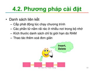 4.2. Phương pháp cài đặt
• Danh sách liên kết
– Cấp phát động lúc chạy chương trình
– Các phần tử nằm rải rác ở nhiều nơi trong bộ nhớ
– Kích thước danh sách chỉ bị giới hạn do RAM
– Thao tác thêm xoá đơn giản
Insert,
Delete
GV. Văn Thị Thiên Trang 64
 