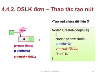 4.4.2. DSLK đơn – Thao tác tạo nút
•Tạo nút chứa dữ liệu X
Node* CreateNode(int X)
{
Node* p=new Node;
p->info=X;
p->next=NULL;
return p;
}
p=new Node;
new
p->info=X;
p->next=NULL;
X
GV. Văn Thị Thiên Trang 73
 