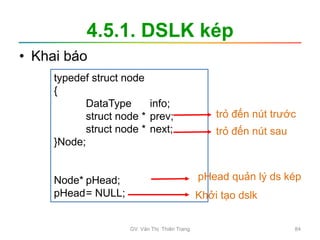 4.5.1. DSLK kép
• Khai báo
typedef struct node
{
DataType info;
struct node * prev;
struct node * next;
}Node;
Node* pHead;
pHead= NULL;
pHead quản lý ds kép
Khởi tạo dslk
trỏ đến nút trước
trỏ đến nút sau
GV. Văn Thị Thiên Trang 84
 
