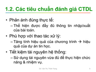 1.2. Các tiêu chuẩn đánh giá CTDL
• Phản ánh đúng thực tế:
– Thể hiện được đầy đủ thông tin nhập/xuất
của bài toán.
• Phù hợp với thao tác xử lý:
– Tăng tính hiệu quả của chương trình  hiệu
quả của dự án tin học.
• Tiết kiệm tài nguyên hệ thống:
– Sử dụng tài nguyên vừa đủ để thực hiện chức
năng & nhiệm vụ.
GV. Văn Thị Thiên Trang 9
 
