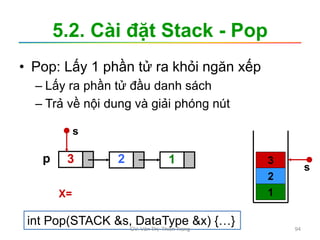 3
5.2. Cài đặt Stack - Pop
• Pop: Lấy 1 phần tử ra khỏi ngăn xếp
– Lấy ra phần tử đầu danh sách
– Trả về nội dung và giải phóng nút
1
2
3
s
s
X=
3 1
2
p
int Pop(STACK &s, DataType &x) {…}
GV. Văn Thị Thiên Trang 94
 