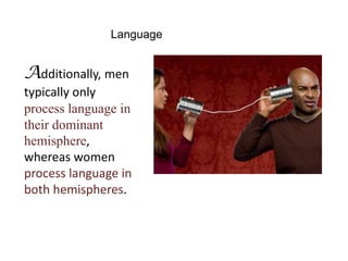 Language


Additionally, men
typically only
process language in
their dominant
hemisphere,
whereas women
process language in
both hemispheres.
 