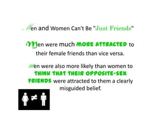 Men and Women Can't Be "Just Friends"
 Men were much more attracted to
    their female friends than vice versa.

  Men were also more likely than women to
    think that their opposite-sex
  friends were attracted to them a clearly
             misguided belief.
 