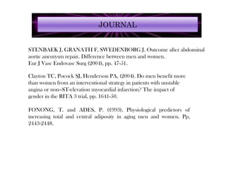 JOURNAL


STENBAEK J, GRANATH F, SWEDENBORG J. Outcome after abdominal
aortic aneurysm repair. Difference between men and women.
Eur J Vasc Endovasc Surg (2004), pp. 47-51.

Clayton TC, Pocock SJ, Henderson PA, (2004). Do men benefit more
than women from an interventional strategy in patients with unstable
angina or non–ST-elevation myocardial infarction? The impact of
gender in the RITA 3 trial, pp. 1641-50.

FONONG, T. and ADES, P. (1993), Physiological predictors of
increasing total and central adiposity in aging men and women. Pp,
2443-2448.
 