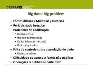 Big data: Big problem
– Fontes difusas / Múltiplas / Diversas
– Periodicidade irregular
– Problemas de codificação
• Inconsistência
• IDs não padronizados
• Dados faltantes (missing)
• Dados duplicados
– Falta de controle sobre a produção do dado
• Eventuais viéses
– Dificuldade de acesso a fontes não públicas
– Operações repetitivas e “infinitas”
 