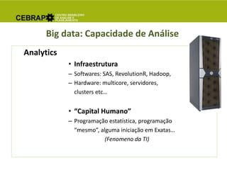 Big data: Capacidade de Análise
Analytics
• Infraestrutura
– Softwares: SAS, RevolutionR, Hadoop,
– Hardware: multicore, servidores,
clusters etc…
• “Capital Humano”
– Programação estatística, programação
“mesmo”, alguma iniciação em Exatas…
(Fenomeno da TI)
 