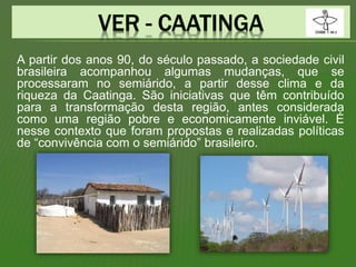 A partir dos anos 90, do século passado, a sociedade civil
brasileira acompanhou algumas mudanças, que se
processaram no semiárido, a partir desse clima e da
riqueza da Caatinga. São iniciativas que têm contribuído
para a transformação desta região, antes considerada
como uma região pobre e economicamente inviável. É
nesse contexto que foram propostas e realizadas políticas
de “convivência com o semiárido” brasileiro.
 