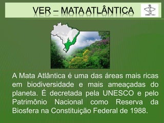 A Mata Atlântica é uma das áreas mais ricas
em biodiversidade e mais ameaçadas do
planeta. É decretada pela UNESCO e pelo
Patrimônio Nacional como Reserva da
Biosfera na Constituição Federal de 1988.
 