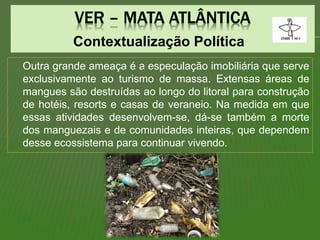 Contextualização Política
Outra grande ameaça é a especulação imobiliária que serve
exclusivamente ao turismo de massa. Extensas áreas de
mangues são destruídas ao longo do litoral para construção
de hotéis, resorts e casas de veraneio. Na medida em que
essas atividades desenvolvem-se, dá-se também a morte
dos manguezais e de comunidades inteiras, que dependem
desse ecossistema para continuar vivendo.
 