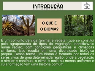 É um conjunto de vida (animal e vegetal) que se constitui
pelo agrupamento de tipos de vegetação identificáveis
numa região, com condições geográficas e climáticas
similares. Isso resulta em uma diversidade biológica
própria. Dessa forma, um bioma é formado por todos os
seres vivos de uma determinada região, onde a vegetação
é similar e contínua, o clima é mais ou menos uniforme e
cuja formação tem uma história comum.
 