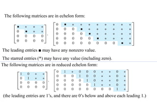 The leading entries ■ may have any nonzero value.
The starred entries (*) may have any value (including zero).
The following matrices are in echelon form:
The following matrices are in reduced echelon form:
(the leading entries are 1’s, and there are 0’s below and above each leading 1.)
 