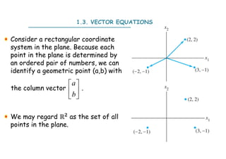 Consider a rectangular coordinate
system in the plane. Because each
point in the plane is determined by
an ordered pair of numbers, we can
identify a geometric point (a,b) with
the column vector .
We may regard ℝ as the set of all
points in the plane.
1.3. VECTOR EQUATIONS
 
 
 
a
b
 