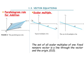 Parallelogram rule
for Addition
1.3. VECTOR EQUATIONS
Scalar multiple.
The set of all scalar multiples of one fixed
nonzero vector is a line through the vector
and the origin, (0,0).
 