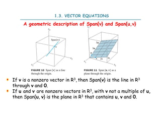 If v is a nonzero vector in R3, then Span{v} is the line in R3
through v and 0.
If u and v are nonzero vectors in R3, with v not a multiple of u,
then Span{u, v} is the plane in R3 that contains u, v and 0.
A geometric description of Span{v} and Span{u,v}
1.3. VECTOR EQUATIONS
 